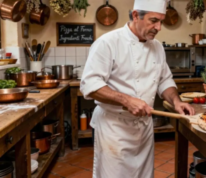 Chef at The Bluff & Bite preparing a wood-fired pizza in the open kitchen.