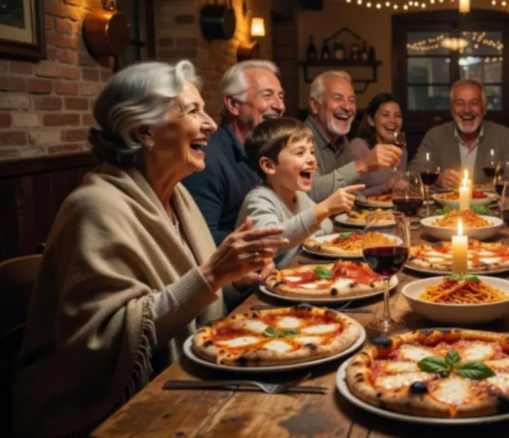 Family gathered around a shared Italian feast at The Bluff & Bite