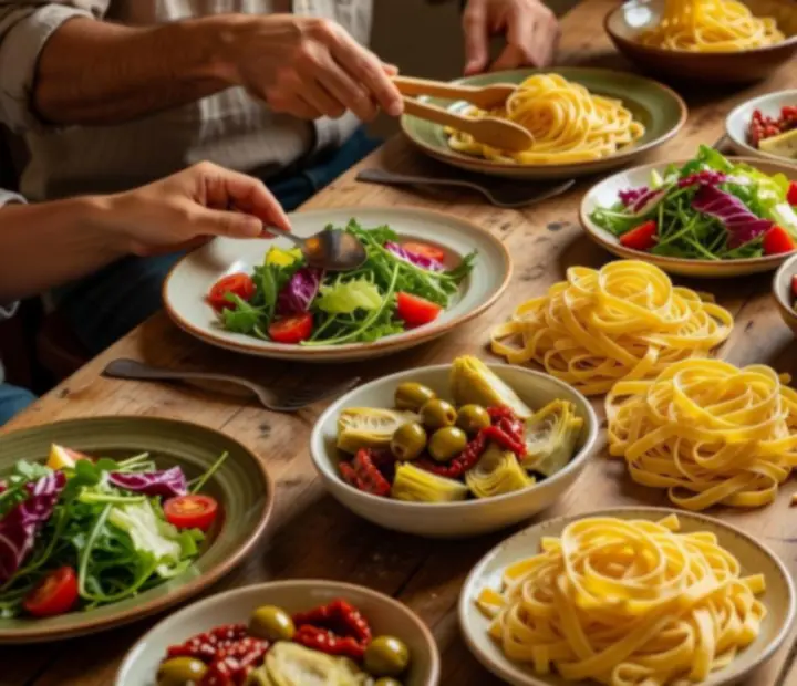 Handmade Italian pasta and fresh seasonal ingredients on a rustic timber table