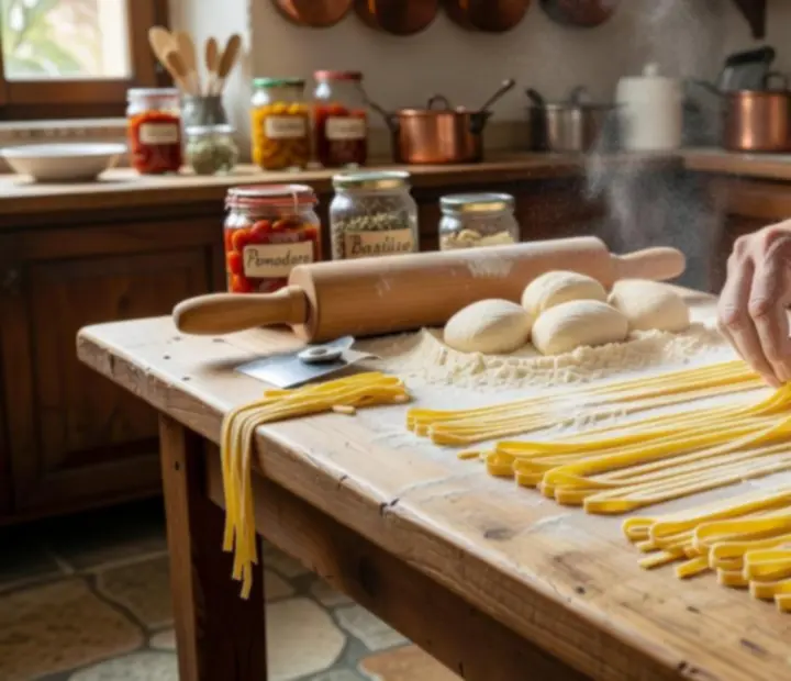 Fresh handmade pasta being plated with Italian sauce