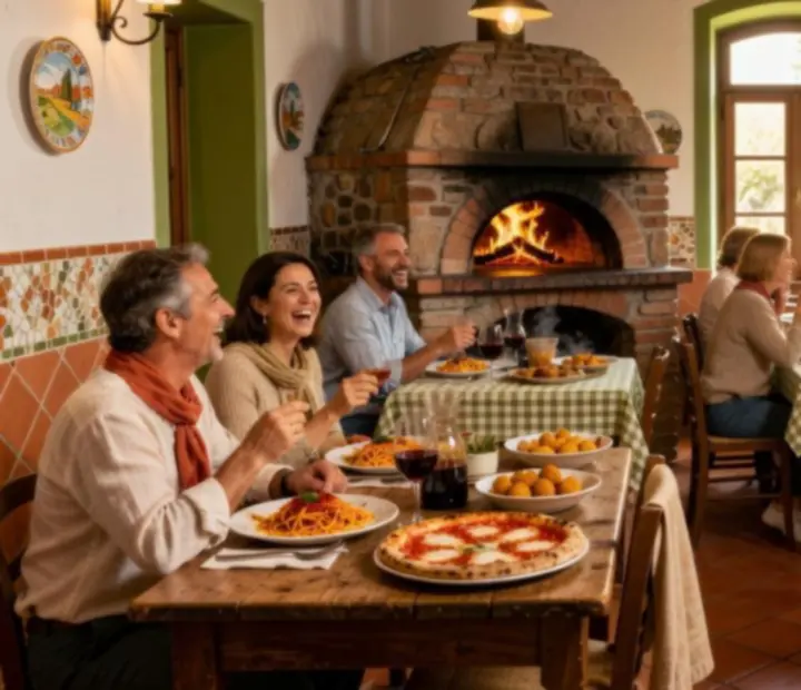 Guests enjoying Italian food beside a traditional wood-fired pizza oven at The Bluff & Bite