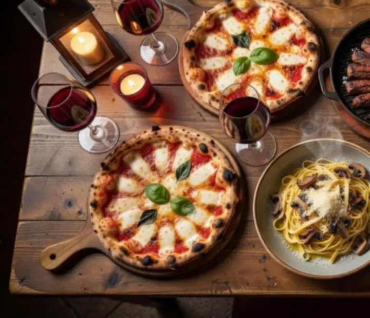 An overhead view of Italian dishes including pizza, pasta and antipasti at The Bluff & Bite