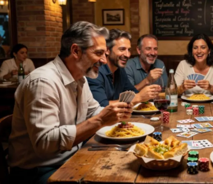 Guests enjoying a friendly offline poker event with Italian food at The Bluff & Bite