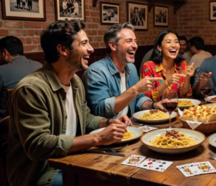Smiling guests sharing a light-hearted moment around a poker table