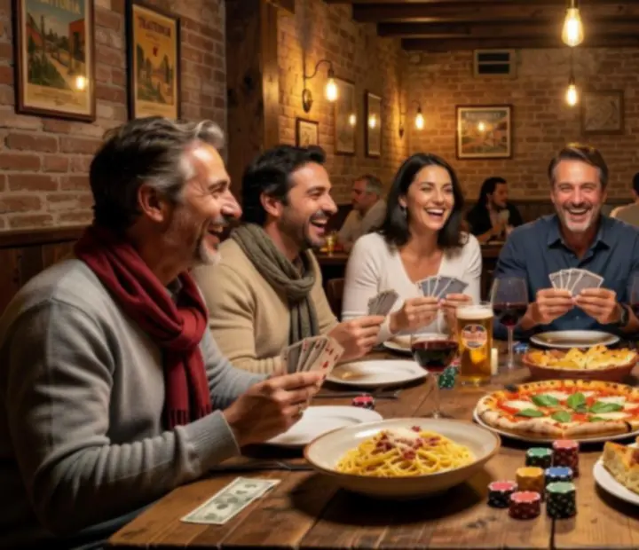 Guests enjoying a friendly offline poker night in a warm Italian restaurant setting