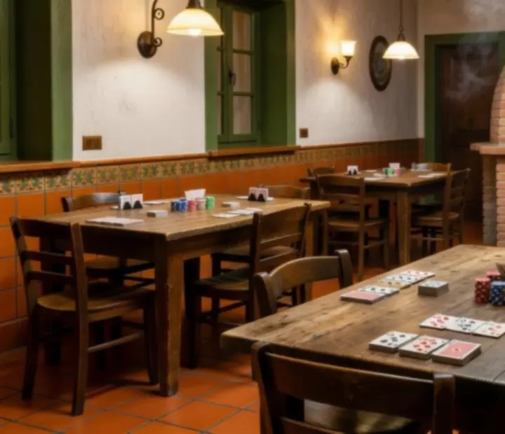 Warm Italian-inspired dining room hosting poker night at The Bluff & Bite