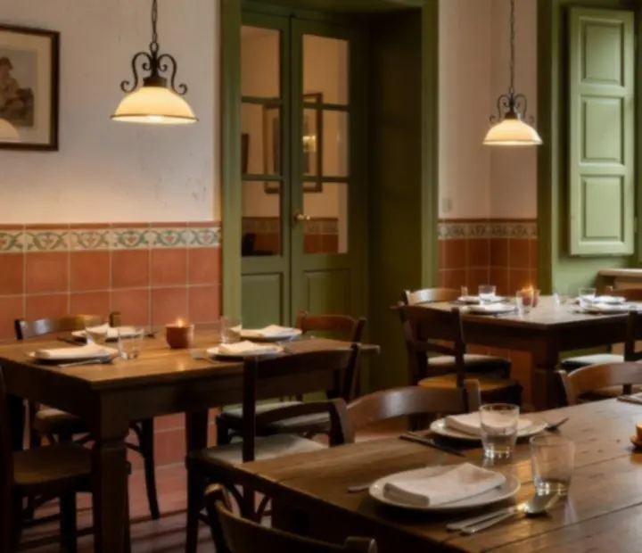 The Bluff & Bite dining room featuring rustic timber tables, terracotta accents and soft, ambient lighting.