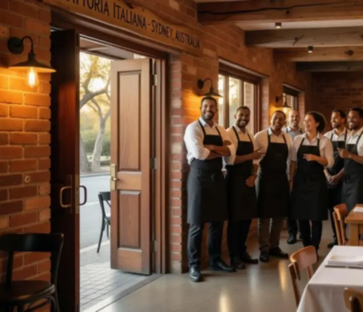 Team members at The Bluff & Bite welcoming guests inside the rustic Italian-inspired dining room.
