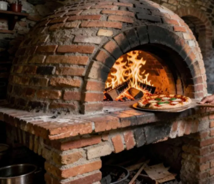 Traditional wood-fired pizza oven glowing inside the restaurant